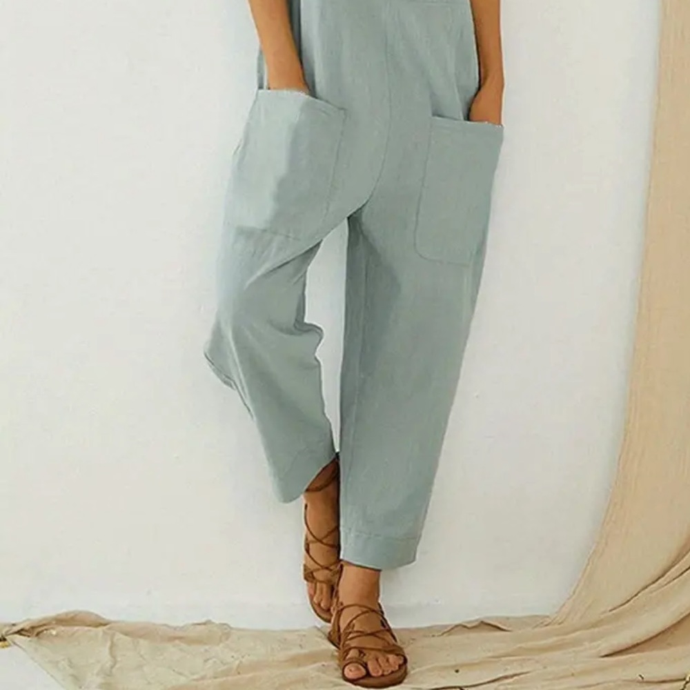 NEW GREEN LINEN ROMPER SIZE MEDIUM - Picture 4 of 9
